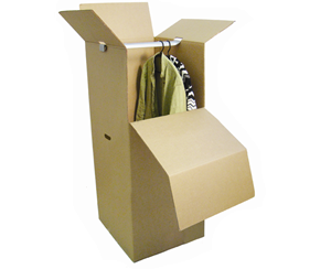 A wardrobe box used to hold hanging clothes from a closet when moving