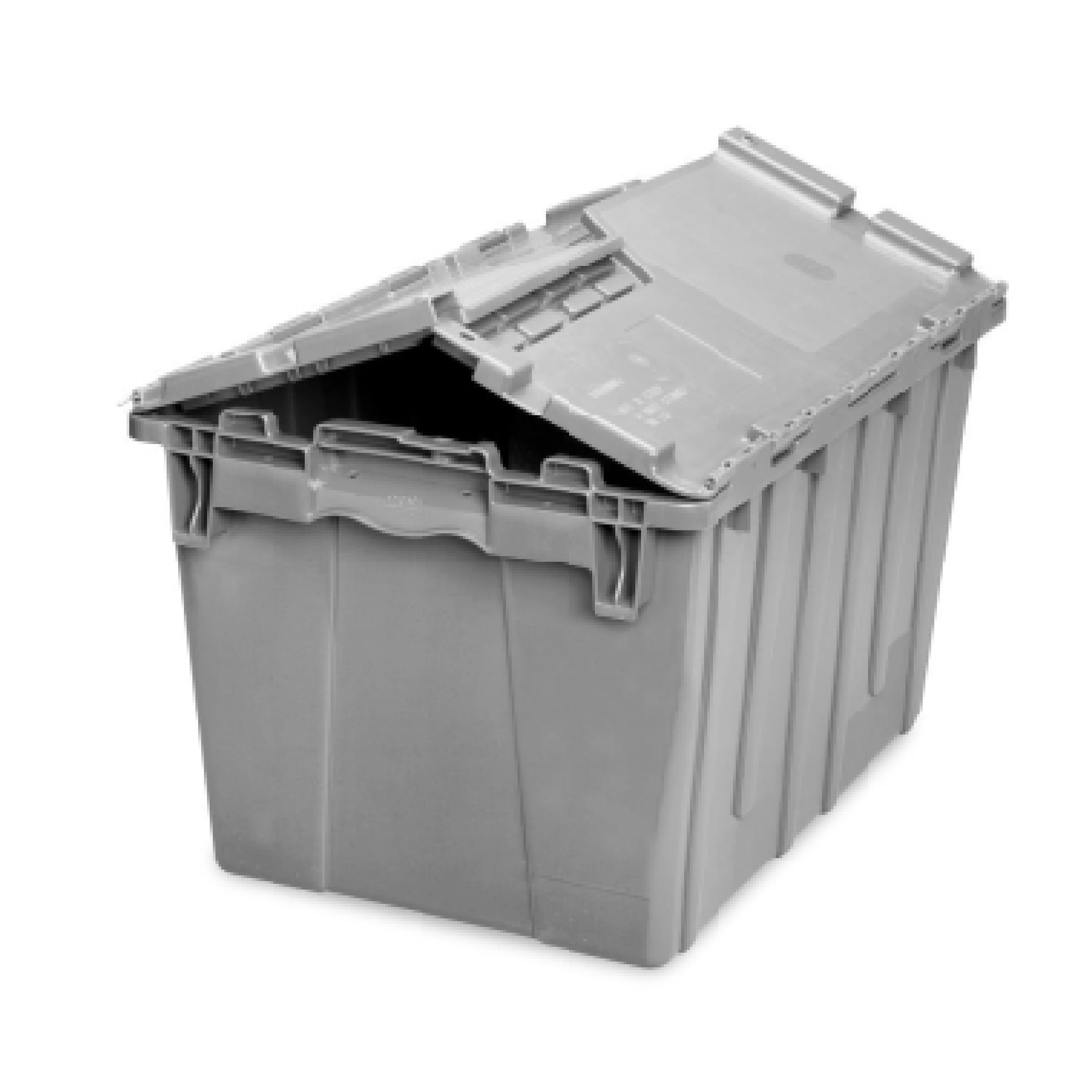 A reusable plastic box with sturdy handles and a self-sealing lid