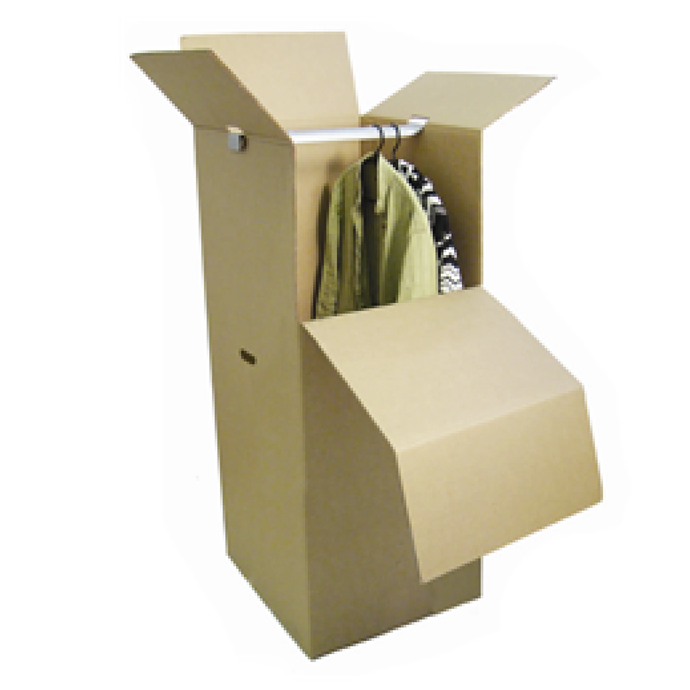 A wardrobe box filled with clothes for moving
