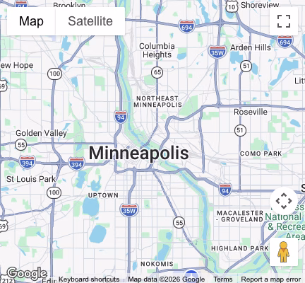 A map view of College Muscle Movers' service area near Minneapolis, MN