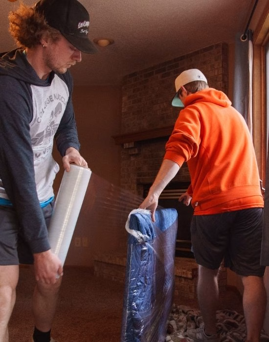 A pair of College Muscle Movers employees padding and wrapping a TV for transit.