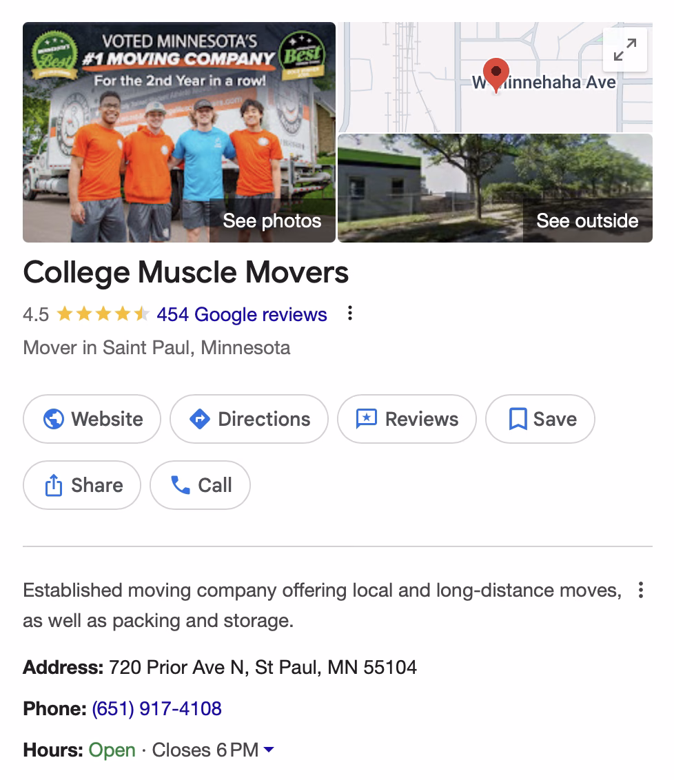 College Muscle Movers GBP The College Muscle Movers Google Business Profile, showing a 4.5 star rating over 454 reviews