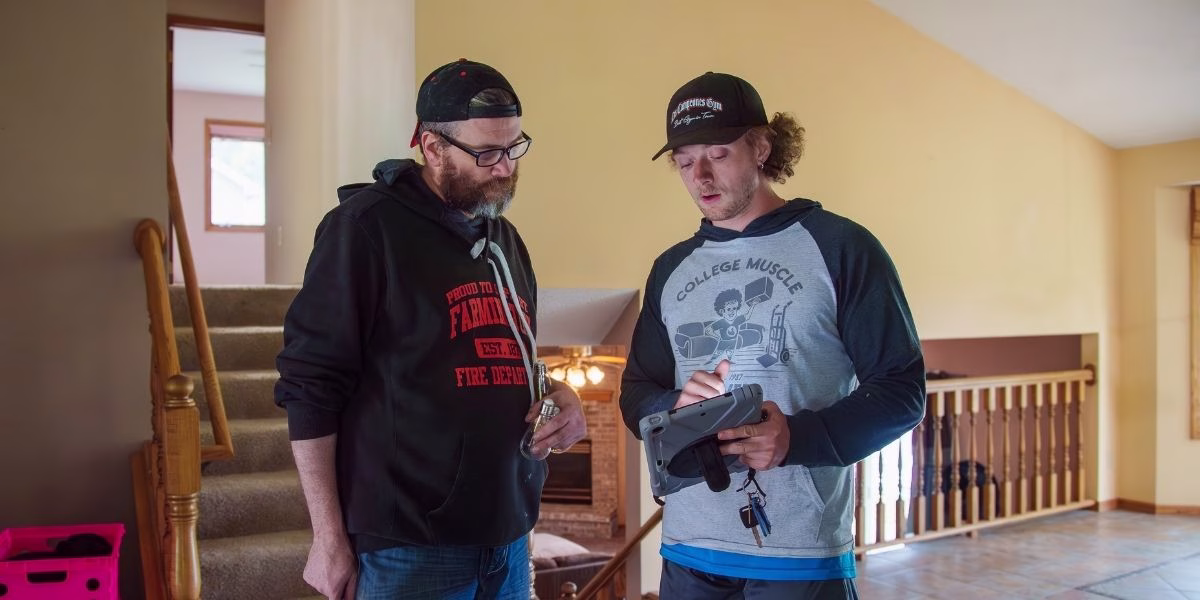 How to Choose a Moving Company Twin Cities A College Muscle Movers crew lead going over information on an ipad with a customer at a house near Minneapolis, MN