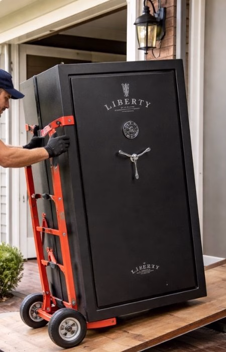 Gun Safe Movers A College Muscle Movers employee unloading a gun safe into a home near Minneapolis, MN.