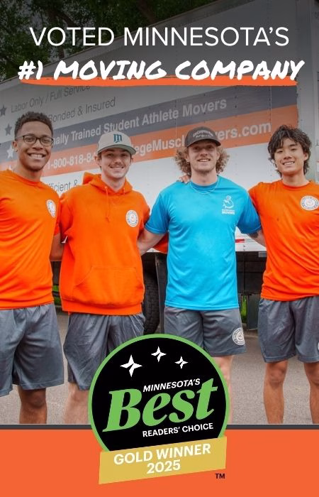 Four College Muscle Movers employees posing in front of a moving truck to celebrate their Minnesota's Best Moving Company award.
