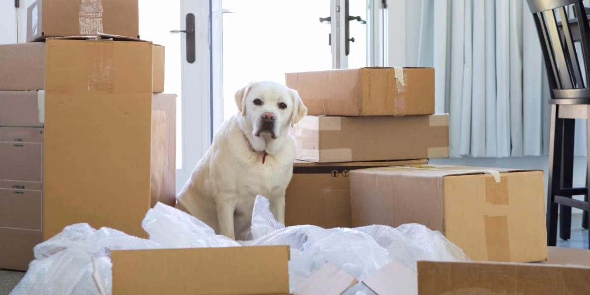 A dog laying among moving boxes and supplies