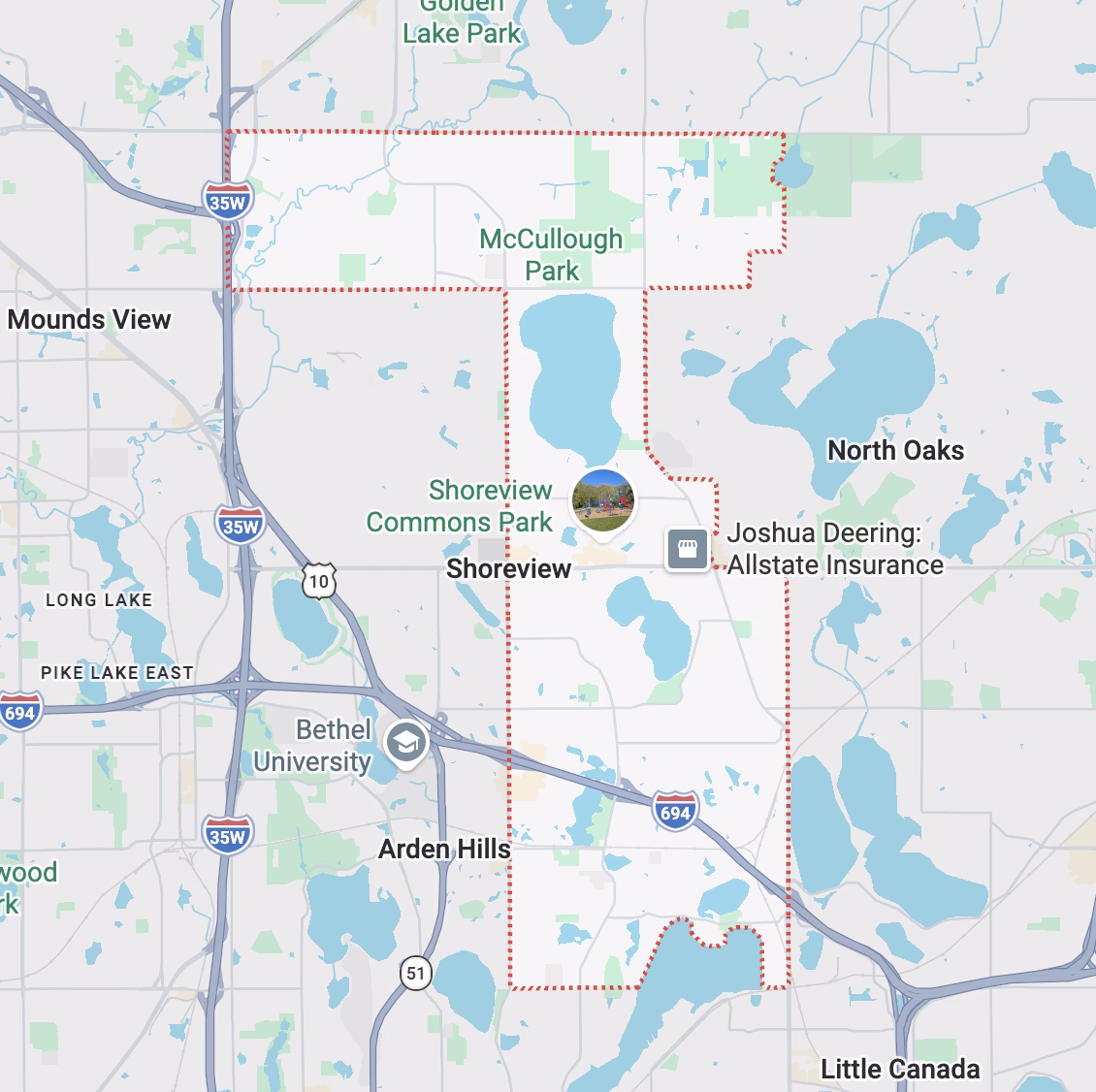 The College Muscle Movers service area in Shoreview, MN.